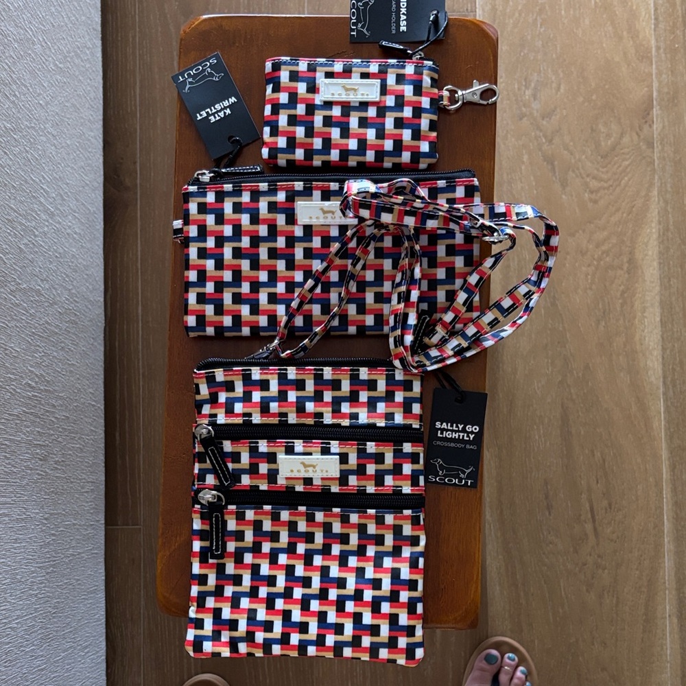 Scout Red and Blue Patterned Bag Set, Sally Go Lightly, Kate Wristlet, IDKase.